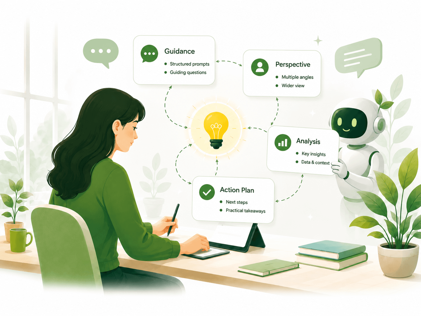 A learner receives structured guidance and an AI perspective without giving up ownership of their thinking