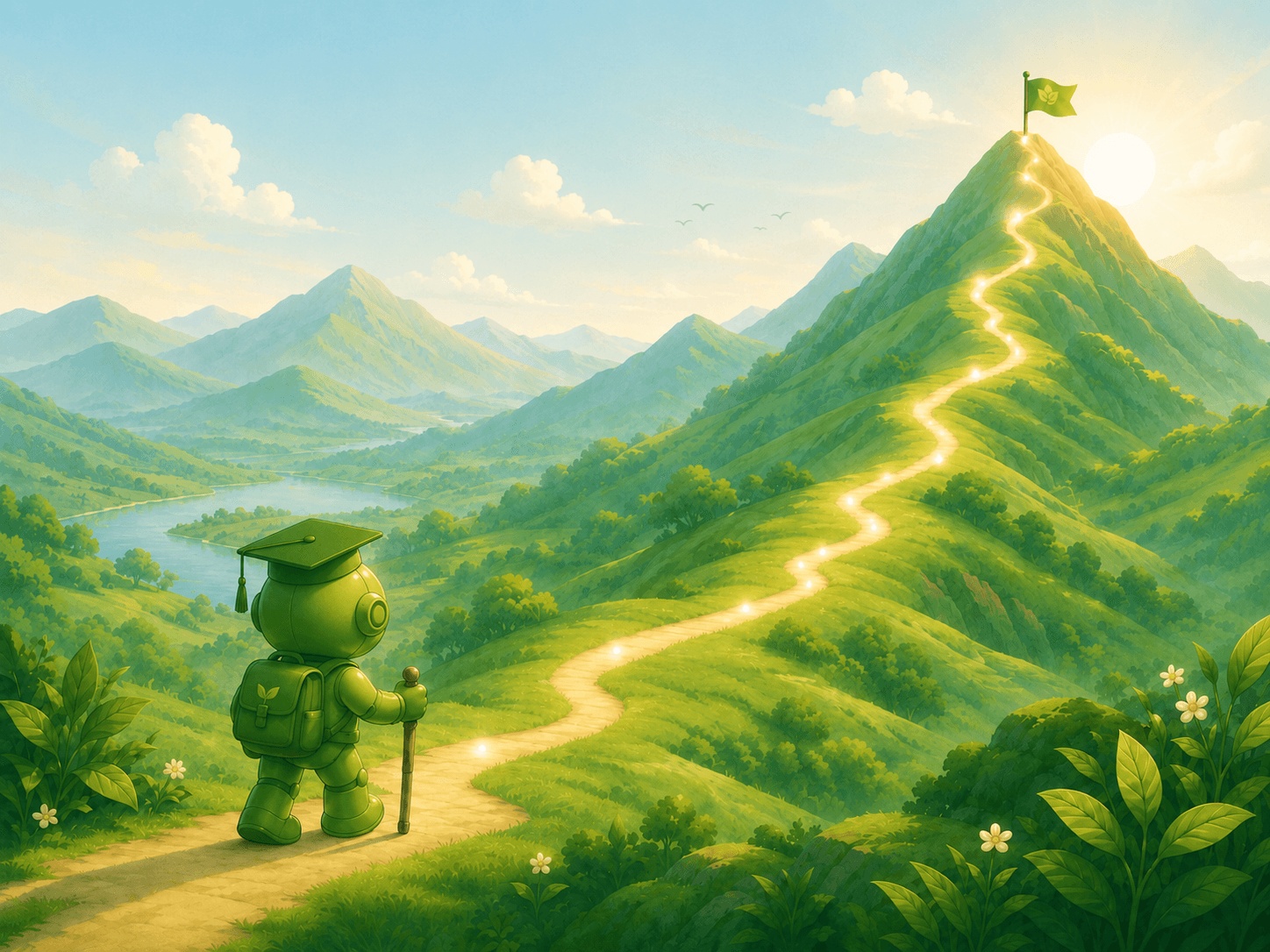 DiJi looks toward a mountain path, representing the future learning journey